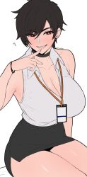 1girl absurdres bare_shoulders black_choker black_hair black_skirt blush breasts choker cleavage collared_shirt commentary earrings edmun6969 english_commentary finger_to_mouth grin highres huge_breasts id_card jewelry lanyard miniskirt office_lady olive_laurentia original pencil_skirt pixie_cut red_eyes shirt shirt_tucked_in short_hair sitting skirt sleeveless sleeveless_shirt smile solo swept_bangs thick_thighs thighs white_background wristband