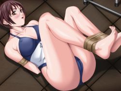 Rule 34 | 00s, 1girl, arms behind back, barefoot, bdsm, bible black, blush, bondage, bound, breasts, brown eyes, brown hair, cameltoe, cleavage, feet, frown, game cg, glasses, knees up, large breasts, legs up, looking at viewer, lying, nonogusa miyuki, on floor, one-piece swimsuit, open mouth, panties, sei shoujo, short hair, skin tight, solo, swimsuit, tape, tape bondage, toenails, toes, underwear