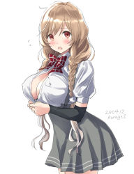 Rule 34 | 1girl, arm warmers, bow, braid, breasts, brown eyes, bursting breasts, cleavage, cloud hair ornament, commentary request, cowboy shot, gradient hair, grey skirt, kantai collection, kurage1, large breasts, light brown hair, long hair, low twin braids, minegumo (kancolle), multicolored hair, one-hour drawing challenge, plaid, plaid bow, plaid neckwear, pleated skirt, red eyes, red neckwear, shirt, simple background, skirt, solo, suspender skirt, suspenders, twin braids, white background, white shirt