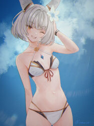 Rule 34 | 1girl, alternate costume, animal ears, bikini, blunt bangs, breasts, cat ears, cat girl, chest jewel, commentary, flower, grey hair, grin, hair flower, hair ornament, hand in own hair, highres, looking at viewer, mature female, navel, nia (xenoblade), one eye closed, remaco, short hair, small breasts, smile, solo, swimsuit, symbol-only commentary, xenoblade chronicles (series), xenoblade chronicles 3, yellow eyes