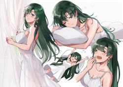 Rule 34 | 1girl, ass, asymmetrical bangs, blush, breasts, cleavage, closed eyes, collarbone, curtains, dress, earrings, fire emblem, fire emblem: the blazing blade, green eyes, green hair, highres, jewelry, large breasts, long hair, looking at viewer, lying, lyn (fire emblem), multiple views, nintendo, on back, one eye closed, open mouth, ormille, pillow, smile, wavy mouth, white dress, yawning