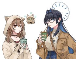 Rule 34 | 2girls, :3, animal hood, bag, berry, black-framed eyewear, black choker, black hair, blue eyes, blue hair, boros (ouro kronii), bow, brown eyes, brown hair, brown hoodie, buttons, choker, clipe, coat, coffee cup, commentary, crossed bangs, cup, disposable cup, drinking, drinking straw, earrings, ears through headwear, food-themed earrings, friend (nanashi mumei), glasses, grin, hair behind ear, hair intakes, hair ornament, holding, holding cup, hololive, hololive english, hood, hood up, hoodie, hootsie (nanashi mumei), jewelry, long hair, looking at viewer, multicolored hair, multiple girls, nail art, nanashi mumei, nanashi mumei (casual), necklace, official alternate costume, one eye closed, ouro kronii, ouro kronii (casual), oversized clothes, red shirt, runes, shirt, shoulder bag, sidelocks, sleeves past wrists, smile, starbucks, streaked hair, subway (company), sweater, trench coat, turtleneck, upper body, virtual youtuber, white sweater