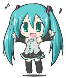 Rule 34 | 1girl, black thighhighs, blush, chibi, detached sleeves, female focus, full body, green eyes, green hair, hatsune miku, long hair, matching hair/eyes, musical note, open mouth, ri-net, simple background, solo, thighhighs, twintails, vocaloid, white background