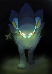 Rule 34 | 9gojonnybgo, absurdres, colored sclera, commentary request, creatures (company), dark, electricity, game freak, gen 4 pokemon, glowing, glowing eyes, highres, looking at viewer, luxray, nintendo, no humans, orange sclera, pokemon, pokemon (creature), solo, standing, toes, white eyes