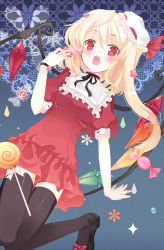 Rule 34 | 1girl, :o, adapted costume, ascot, bad id, bad pixiv id, bat wings, black thighhighs, blonde hair, blush, bow, candy, dress, fang, female focus, flandre scarlet, flower, food, frills, hair flower, hair ornament, hat, lollipop, mini hat, omiso, omiso (omiso), open mouth, red eyes, short hair, side ponytail, solo, swirl lollipop, thighhighs, touhou, wings, zettai ryouiki