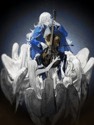 Rule 34 | 1boy, angel statue, argalia (project moon), ascot, blue cloak, blue coat, cloak, closed eyes, closed mouth, coat, highres, instrument, library of ruina, long hair, long sleeves, music, nishikujic, playing instrument, project moon, smile, statue, white ascot, white hair