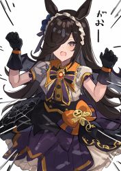 Rule 34 | 1girl, animal ears, bat wings, black hair, bow, claw pose, cowboy shot, dress, fang, frilled dress, frills, gloves, gold trim, hair over one eye, halloween, hands up, highres, horse ears, horse girl, leaf, long hair, maid headdress, multicolored eyes, official alternate costume, open mouth, orange bow, orange eyes, puffy short sleeves, puffy sleeves, pumpkin, purple bow, purple dress, purple eyes, rice shower (make up vampire!) (umamusume), rice shower (umamusume), short sleeves, skin fang, solo, star (symbol), the olphy, translated, umamusume, wings