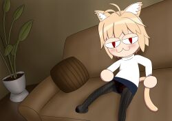 Rule 34 | 1girl, :3, absurdres, ahoge, animal ears, antenna hair, blonde hair, blue skirt, blush, brown background, carnival phantasm, cat ears, cat tail, clothes lift, couch, highres, long sleeves, looking at viewer, lying, matsuoka sagato, miniskirt, neco-arc, on back, panties, pantyhose, pillow, plant, presenting, red eyes, red panties, short hair, sitting, skirt, skirt lift, spread legs, sweater, tail, turtleneck, turtleneck sweater, underwear, white sweater
