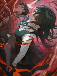 Rule 34 | 1boy, 2girls, black hair, blood, blood spray, chainsaw man, cross scar, dress, facial scar, fourth east high school uniform, highres, holding, holding sword, holding weapon, huh 1222, intestines, long hair, looking at viewer, low twintails, mitaka asa, multiple girls, open mouth, pinafore dress, ringed eyes, scar, scar on cheek, scar on face, school uniform, severed head, short hair, sideways glance, sleeveless, sleeveless dress, spine, squatting, sword, tanaka (chainsaw man), twintails, weapon, yellow eyes, yoru (chainsaw man)