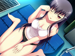 Rule 34 | 1girl, amakura, barefoot, black hair, blush, breasts, cleavage, feet, game cg, hair ornament, hairclip, large breasts, long hair, one eye closed, open mouth, panties, red eyes, sitting, solo, tank top, toes, underwear, wariza, worlds and world&#039;s end, yazama fumika