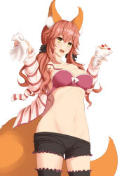Rule 34 | 10s, 1girl, animal ears, bad id, bad pixiv id, black legwear, bra, breasts, cleavage, collarbone, crepe, detached sleeves, fate/extra, fate/extra ccc, fate (series), fedsnk, food, fox ears, fox tail, hair ribbon, highres, large breasts, midriff, nail polish, navel, nipples, official alternate costume, open clothes, open mouth, open shirt, pink bra, pink hair, ribbon, shirt, shorts, simple background, solo, tail, tamamo (fate), tamamo no mae (fate/extra), tamamo no mae (spring casual) (fate), twintails, underwear, white background, yellow eyes
