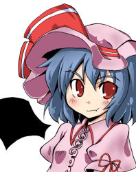 Rule 34 | 1girl, bat wings, blue hair, blush, closed mouth, dress, female focus, hat, hat ribbon, looking at viewer, pink dress, puffy short sleeves, puffy sleeves, red eyes, remilia scarlet, ribbon, short hair, short sleeves, simple background, smirk, solo, togashi yuu, touhou, white background, wings