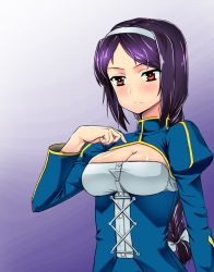 Rule 34 | 1girl, accel world, artoria pendragon (all), artoria pendragon (fate), bad id, bad pixiv id, black hair, blood leopard, blush, braid, breasts, cleavage, cleavage cutout, clothing cutout, cosplay, dress, fate/stay night, fate (series), hairband, heart, kakei mihaya, kawasumi ayako, large breasts, long hair, orange eyes, purple hair, red eyes, saber (fate), saber (fate) (cosplay), single braid, skyofgs, solo, voice actor connection