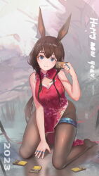 Rule 34 | 1girl, 2023, alternate costume, amiya (arknights), animal ears, arknights, bare shoulders, blue eyes, blush, breasts, brown hair, brown pantyhose, china dress, chinese clothes, cleavage, cleavage cutout, closed mouth, clothing cutout, dress, full body, happy new year, headhunting permit (arknights), highres, holding, huai chuan, jewelry, kneeling, long hair, looking at viewer, medium breasts, multiple rings, new year, no shoes, pantyhose, pelvic curtain, rabbit ears, red dress, ring, sleeveless, sleeveless dress, smile, solo, thighlet, very long hair