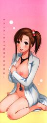 Rule 34 | 1girl, barefoot, between breasts, blush, bottomless, breasts, brown eyes, brown hair, highres, lab coat, lab coat, large breasts, looking at viewer, naked labcoat, naked shirt, nipples, no bra, open clothes, open mouth, open shirt, original, ponytail, shikishiro konomi, shiny skin, shirt, sitting, smile, solo, stethoscope