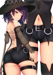 Rule 34 | 1girl, ass, bare shoulders, belt, black nails, black shorts, breasts, broom, bustier, cowboy shot, detached sleeves, diagonal bangs, earrings, from behind, from below, hat, highres, idolmaster, idolmaster shiny colors, jewelry, looking at viewer, looking back, medium breasts, momo no kanzume, multiple views, nail polish, navel, purple eyes, purple hair, see-through, short hair, short shorts, shorts, smile, tanaka mamimi, thigh gap, thighhighs, witch hat
