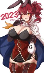 Rule 34 | 1girl, 2023, absurdres, alternate breast size, alternate costume, animal ears, anna (fire emblem), black dress, black gloves, blue cape, blush, breasts, cape, chinese zodiac, cleavage, commentary request, dress, elbow gloves, fake animal ears, female focus, finger to mouth, fire emblem, fire emblem heroes, gloves, hair between eyes, hairband, heart, highres, holding, index finger raised, large breasts, leotard, long hair, looking at viewer, nintendo, one eye closed, open mouth, orange eyes, playboy bunny, ponytail, rabbit ears, red hair, red thighhighs, sidelocks, simple background, smile, solo, teeth, thighhighs, thighs, toshimasa, two-tone cape, upper teeth only, white cape, wink, year of the rabbit