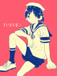 Rule 34 | 1boy, blue theme, character name, clothes writing, d.y.x., fubuki (kancolle), genderswap, genderswap (ftm), hat, kantai collection, kneehighs, male focus, monochrome, pink background, sailor collar, sailor hat, school uniform, serafuku, shoes, short sleeves, shorts, simple background, smile, sneakers, socks, solo