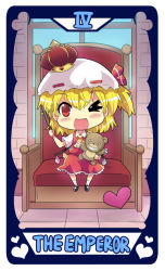 Rule 34 | 1girl, ascot, chibi, claws, colonel aki, crown, fang, flandre scarlet, hat, hat ribbon, heart, holding, holding stick, looking at viewer, mini crown, mob cap, one eye closed, open mouth, red eyes, ribbon, sharp teeth, shoes, short hair, short sleeves, side ponytail, skirt, smile, socks, stick, stuffed animal, stuffed toy, tarot, tarot (medium), teddy bear, teeth, the emperor (tarot), throne, touhou, window