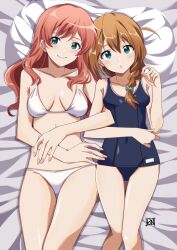 Rule 34 | 2girls, aqua eyes, baba karin (idolmaster), baba konomi, bed sheet, bikini, blush, braid, breasts, breasts apart, brown hair, closed mouth, collarbone, covered navel, cowboy shot, dot nose, double-parted bangs, eyelashes, hair between eyes, hair ornament, hair over shoulder, hair scrunchie, highres, idolmaster, idolmaster million live!, idolmaster million live! theater days, large breasts, light smile, locked arms, long hair, looking at viewer, lying, medium breasts, multiple girls, on back, on bed, parted bangs, parted lips, pillow, pink hair, ponpon, school swimsuit, scrunchie, side-by-side, sidelocks, signature, single braid, straight-on, swimsuit, wavy hair, white bikini