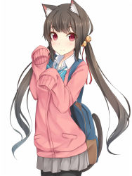 Rule 34 | 1girl, animal ears, bell, cardigan, cat ears, colored eyelashes, highres, long hair, low twintails, original, pantyhose, red eyes, revision, school uniform, shuuichi, simple background, skirt, sleeves past wrists, solo, twintails