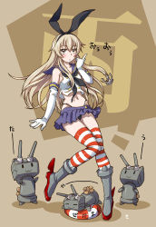 Rule 34 | 10s, 1girl, :3, anchor hair ornament, blonde hair, blush, boots, brown background, elbow gloves, full body, gloves, grey footwear, hair ornament, hair ribbon, index finger raised, innertube, kantai collection, long hair, lying, microskirt, navel, on stomach, personification, rensouhou-chan, ribbon, sailor collar, sameha ikuya, shadow, shimakaze (kancolle), skirt, standing, striped clothes, striped thighhighs, swim ring, thighhighs, white gloves, yellow eyes