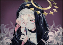 Rule 34 | 1girl, bags under eyes, blonde hair, covering one eye, crying, flower, frown, habit, hair over one eye, half-closed eyes, halo, hand on own face, highres, kamippoina (vocaloid), kazehiki (utau), long sleeves, nail polish, natsukage tokage, pink eyes, solo, thick eyebrows, utau, vocaloid