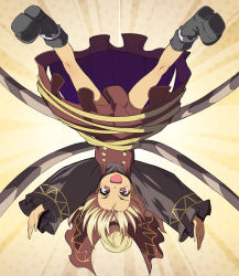Rule 34 | 1girl, :d, arms up, arthropod girl, arthropod limbs, black footwear, black shirt, blonde hair, boots, brown dress, commentary request, dress, fang, frilled sleeves, frills, gradient background, hair bun, hair ribbon, highres, insect girl, kurodani yamame, long sleeves, looking at viewer, open mouth, pinafore dress, red eyes, ribbon, shirt, single hair bun, sleeveless dress, smile, solo, spider girl, spread legs, syope, tan background, thread, touhou, upside-down, wide sleeves