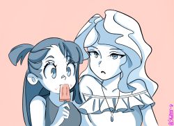Rule 34 | 2girls, collarbone, couple, diana cavendish, eating, food, highres, ice cream, jewelry, kagari atsuko, little witch academia, long hair, looking at another, monochrome, multiple girls, neck, necklace, open mouth, popsicle, popsicle stick, simple background, skrtttt-6, watermark, wavy hair