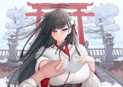 1girl alternate_costume black_hair black_halo blue_archive bright_pupils hair_ornament hairclip halo highres holding_hands japanese_clothes kimono lengkuass pov pov_hands red_eyes rio_(blue_archive) smile upper_body white_kimono white_pupils