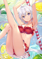 Rule 34 | 1girl, ahoge, air bubble, armpits, arms up, ass, bare arms, bare legs, bare shoulders, bikini, bikini skirt, breasts, bubble, cleavage, collarbone, freediving, frills, highres, holding, ldfe mk2, legs up, long hair, looking at viewer, low twintails, medium breasts, purple eyes, red bikini, senki zesshou symphogear, silver hair, smile, solo, swimsuit, thighs, twintails, underwater, very long hair, water, yukine chris