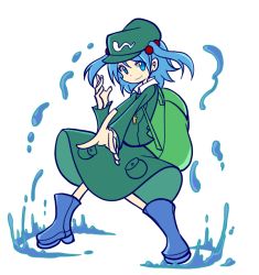 Rule 34 | 1girl, backpack, bad id, bad pixiv id, bag, blue eyes, blue hair, boots, dress, full body, hair bobbles, hair ornament, hat, kawashiro nitori, key, long sleeves, looking at viewer, matching hair/eyes, parody, pocket, puyopuyo, puyopuyo fever, rubber boots, shinmon akika, shirt, short hair, simple background, skirt, skirt set, smile, solo, style parody, touhou, two side up, water, water drop, white background