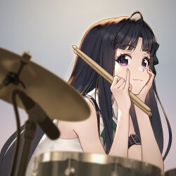 Rule 34 | 1girl, :3, ahoge, arm belt, awa subaru, bare shoulders, belt, black belt, black hair, blunt bangs, blurry, blurry foreground, bow, closed mouth, collared shirt, commentary request, depth of field, drum, drum set, drumsticks, from side, girls band cry, green bow, green ribbon, grey background, hair bow, hair over shoulder, hands on own face, hands up, head rest, highres, holding, holding drumsticks, instrument, leaning forward, long hair, looking at viewer, looking to the side, microphone, neck ribbon, purple eyes, raised eyebrows, ribbon, shirt, sidelocks, sideways glance, sleeveless, sleeveless shirt, smile, solo, thick eyelashes, ttc, upper body, white shirt