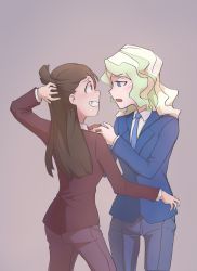 Rule 34 | alternate costume, annoyed, blonde hair, blue eyes, blush, brown hair, couple, diana cavendish, eye contact, formal, highres, kagari atsuko, little witch academia, long hair, looking at another, multicolored hair, nervous, open mouth, red eyes, simple background, suit, two-tone hair, usbfan, wavy hair, yuri
