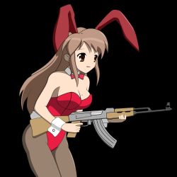 Rule 34 | 00s, 1girl, ak-47, animal ears, asahina mikuru, assault rifle, bow, bowtie, breasts, brown eyes, brown hair, brown pantyhose, cleavage, detached collar, fake animal ears, gun, kalashnikov, kalashnikov rifle, leotard, medium breasts, mole, mole on breast, pantyhose, playboy bunny, rabbit ears, rabbit tail, red bow, red bowtie, rifle, solo, suzumiya haruhi no yuuutsu, tail, vector trace, weapon