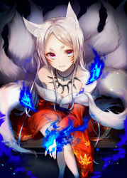 Rule 34 | 1girl, absurdres, animal ear fluff, animal ears, bare shoulders, blue eyes, blue fire, breasts, cleavage, crossed legs, facial mark, fire, fox ears, fox girl, fox tail, highres, hitodama, japanese clothes, jewelry, kimono, kitsune, kyuubi, long hair, looking at viewer, magatama, magatama necklace, multiple tails, necklace, original, parted lips, red eyes, rubianeko, sitting, small breasts, smile, solo, tail, thick eyebrows, whisker markings, white hair, white tail