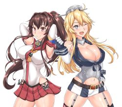 Rule 34 | 2girls, arms behind head, asymmetrical legwear, blonde hair, blue eyes, breasts, brown hair, cherry blossoms, cleavage, cowboy shot, detached sleeves, elbow gloves, fingerless gloves, front-tie top, garter straps, gloves, headgear, hiballista, highres, hip vent, iowa (kancolle), kantai collection, kikumon, large breasts, long hair, looking at viewer, miniskirt, mismatched legwear, multiple girls, navel, pleated skirt, ponytail, red eyes, red skirt, simple background, single thighhigh, skirt, smile, star-shaped pupils, star (symbol), striped clothes, striped legwear, striped thighhighs, symbol-shaped pupils, thighhighs, thumbs up, vertical-striped clothes, vertical-striped legwear, vertical-striped thighhighs, white background, yamato (kancolle)
