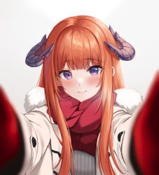 Rule 34 | 1girl, alternate costume, arknights, bagpipe (arknights), blunt bangs, blush, coat, commentary, dragon horns, english commentary, fur-trimmed coat, fur trim, gloves, gongbangmanchi (daisy cutter), highres, horns, long hair, looking at viewer, meme, orange hair, pov, pov cheek warming (meme), purple eyes, reaching, reaching towards viewer, red gloves, red scarf, scarf, sidelocks, smile, solo, white background, white coat, winter clothes, winter coat