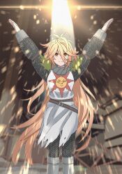 Rule 34 | 1girl, armor, arms up, blonde hair, closed mouth, cosplay, dark souls (series), full armor, girls&#039; frontline, girls&#039; frontline neural cloud, highres, long hair, o/, outstretched arms, praise the sun, sol (neural cloud), solaire of astora, solaire of astora (cosplay), solo, sun symbol, tab (tabkun), very long hair, yellow eyes