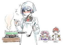 Rule 34 | 10s, 3girls, apron, breasts, charlotte scherzen, charlotte shalzen, cleavage, closed mouth, cooking, dishes, dot mouth, fire, fork, frying pan, glasses, head scarf, hiiragi akira, jacket, kappougi, knife, ladle, multiple girls, necktie, o o, pink hair, plate, red hair, saucer, shigure kasumi, short hair, steam, stove, table, uniform, utensil, valkyrie drive, valkyrie drive -mermaid-