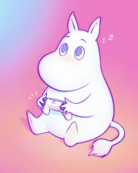 Rule 34 | 1boy, animal ears, beamed eighth notes, blue background, blue eyes, blush, commentary request, controller, full body, gradient background, highres, holding, holding controller, ilya kuvshinov, male focus, moomin, moomintroll, musical note, no mouth, nose blush, notice lines, pink background, playstation controller, shadow, simple background, sitting, solo, tail