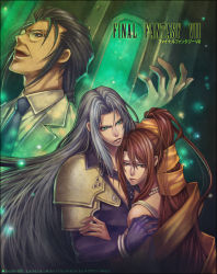 Rule 34 | 1990s (style), 1girl, 2boys, aimio nagi, brown eyes, brown hair, character name, copyright name, father and son, final fantasy, final fantasy vii, green eyes, grey hair, lifestream, long hair, lucrecia crescent, mother and son, multiple boys, ponytail, professor houjou, retro artstyle, sephiroth, very long hair
