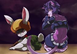 Rule 34 | 10s, 2girls, animal ears, ass, cat ears, cat girl, dragon ball, dragon ball super, female focus, furry, furry female, gloves, hat, highres, hop (dragon ball), looking at viewer, looking back, multiple girls, naughty face, plague of gripes, purple hair, red eyes, shorts, smile, sorrel, thick thighs, thighs, wide hips, yellow eyes