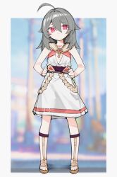 Rule 34 | 1girl, absurdres, ahoge, bare arms, blurry, blurry background, closed mouth, dress, error1980, full body, grey hair, hair between eyes, hands on own hips, highres, honkai (series), honkai impact 3rd, jewelry, key, key necklace, long hair, looking at viewer, necklace, red eyes, sandals, sleeveless, sleeveless dress, smile, solo, standing, vita (young) (honkai impact), white dress, yellow pupils
