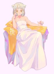 Rule 34 | 1girl, animal ears, blue nails, commentary request, dress, facial mark, grey hair, highres, looking at viewer, nail polish, nia (xenoblade), nintendo, short hair, simple background, sitting, smile, solo, sou (pale 1080), spoilers, twitter username, white background, white dress, xenoblade chronicles (series), xenoblade chronicles 2, xenoblade chronicles (series), xenoblade chronicles 2, yellow eyes