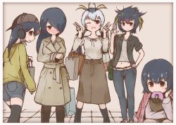 Rule 34 | 10s, 5girls, alternate costume, bag, baseball cap, black hair, blush, boots, casual, coat, commentary request, crop top, denim, denim shorts, doughnut, eating, emperor penguin (kemono friends), food, full-face blush, gentoo penguin (kemono friends), hair over one eye, hand on own hip, hand on own cheek, hand on own face, hat, headphones, highres, hood, hoodie, humboldt penguin (kemono friends), jacket, jacket on shoulders, jeans, kemono friends, long hair, long sleeves, looking at viewer, looking back, midriff, multicolored hair, multiple girls, navel, neck ribbon, one eye closed, pants, penguins performance project (kemono friends), red eyes, red hair, ribbon, rockhopper penguin (kemono friends), royal penguin (kemono friends), shopping bag, short hair, shorts, skirt, squatting, streaked hair, suginakara (user ehfp8355, thighhighs, twintails, v, white hair, yellow eyes