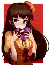 Rule 34 | 13-gou, 1girl, blue eyes, breasts, brown hair, candy, character request, chocolate, chocolate heart, food, heart, long hair, looking at viewer, solo