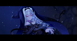 Rule 34 | 1girl, arknights, black nails, chinese commentary, closed eyes, commentary request, habit, highres, jewelry, letterboxed, long hair, long sleeves, nail polish, pendant, sheya, silver hair, solo, specter (arknights), underwater, upper body