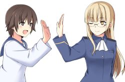Rule 34 | 2girls, blonde hair, brown eyes, brown hair, glasses, high five, military, military uniform, miyafuji yoshika, momiji7728, multiple girls, one eye closed, open mouth, perrine h. clostermann, simple background, smile, strike witches, uniform, world witches series, yellow eyes