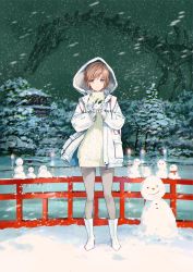 Rule 34 | 1girl, blue eyes, boots, brown hair, coat, dress, gloves, grey sky, highres, hood, hood up, hooded coat, long sleeves, looking at viewer, night, open clothes, open coat, original, outdoors, pantyhose, railing, ribbed dress, short dress, short hair, sky, snow, snow rabbit, snowman, solo, standing, sweater, sweater dress, swept bangs, tiv, tree, turtleneck, white coat, white footwear, white gloves, white pantyhose, white sweater, wind, wooden railing